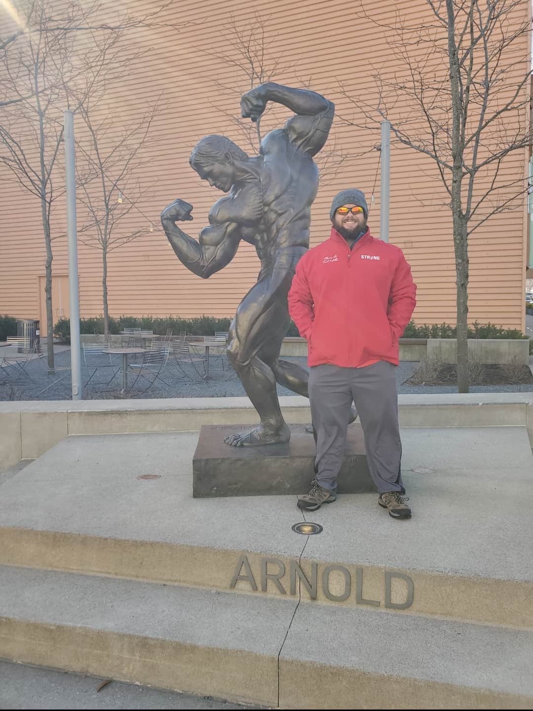 Front of strongman Arnold statue